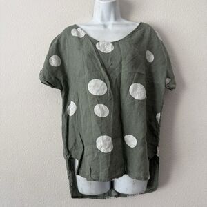 Made In Italy Linen Polka Dot Top S/M Boho Blouse Olive Lagenlook Coastal Artsy